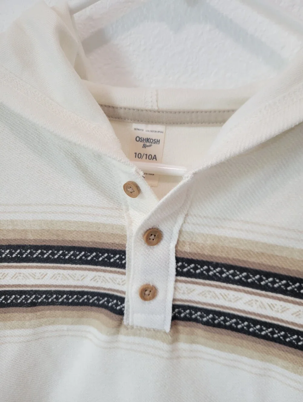 OshKosh B’gosh Boys 10 Cream Baja Hoodie‎ Henley Stripe Pocket Lightweight Cozy